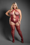 Burgundy snakeskin-inspired knit teddy with plunging neckline, figure-hugging fit, and open crotch detail.