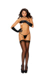 Sheer black thigh-high stockings with bold striped top and back seam – front view"