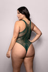 Emerald damask lace seamless teddy with high-leg cut, racerback straps, and sculpted contouring for second-skin seduction.
