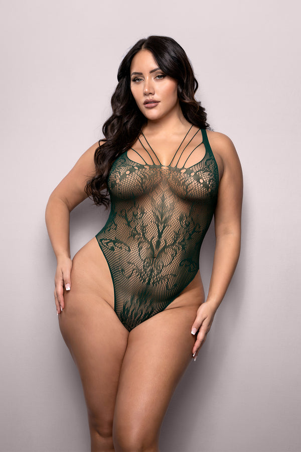 Emerald damask lace seamless teddy with high-leg cut, racerback straps, and sculpted contouring for second-skin seduction.