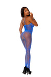 back view of cobalt open-crotch lace bodystocking with curve-hugging vertical stripes