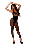 Model wearing black crochet and opaque footless bodystocking with open crotch and halter neckline
