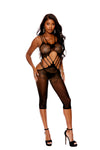 black crochet mid-length open-crotch bodystocking front view