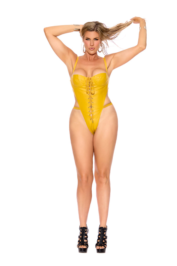"Nightbind" Leather Lace-Up Teddy – Underwire Cups & Strappy Seduction