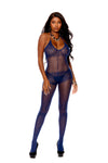 sheer navy one-shoulder bodystocking with rose lace panels and halter neck, full-length legs