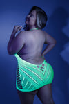Neon pink or neon green UV-reactive net halter mini dress with open back.