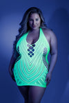 Neon pink or neon green UV-reactive net halter mini dress with open back.