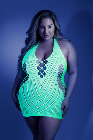 Neon pink or neon green UV-reactive net halter mini dress with open back.