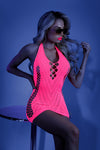 Neon pink or neon green UV-reactive net halter mini dress with open back.