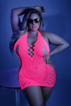 Neon pink or neon green UV-reactive net halter mini dress with open back.