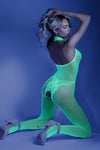 Neon green fishnet bodystocking with UV glow effect and open crotch design.