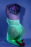 Neon green fishnet bodystocking with UV glow effect and open crotch design.