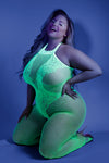 Neon green fishnet bodystocking with UV glow effect and open crotch design.