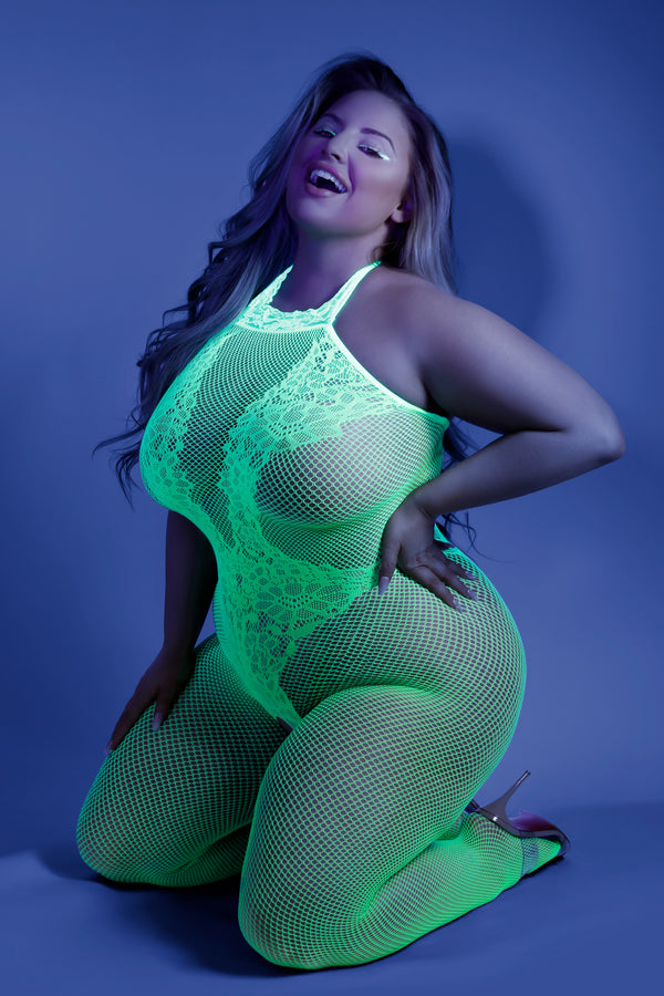 Neon green fishnet bodystocking with UV glow effect and open crotch design.
