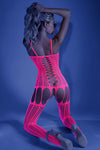 Neon pink criss-cross patterned bodystocking with scoop neckline and open sides.