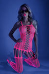 Neon pink criss-cross patterned bodystocking with scoop neckline and open sides.