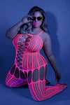 Neon pink criss-cross patterned bodystocking with scoop neckline and open sides.