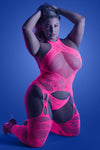 Neon pink lace halter bodystocking with geometric details and matching g-string.