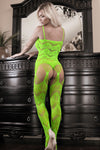 Neon pink or neon green bodystocking with multi-garter strappy details and cutout neckline.