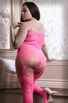 Neon pink or neon green bodystocking with multi-garter strappy details and cutout neckline.