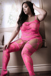 Neon pink or neon green bodystocking with multi-garter strappy details and cutout neckline.