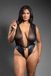 Plunge into Elegance: Sheer Mesh Teddy with Buckle Waist & Gold Accents