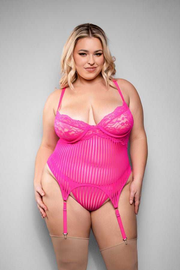 Hot pink striped mesh bustier with lace cups, garter straps, and matching g-string.