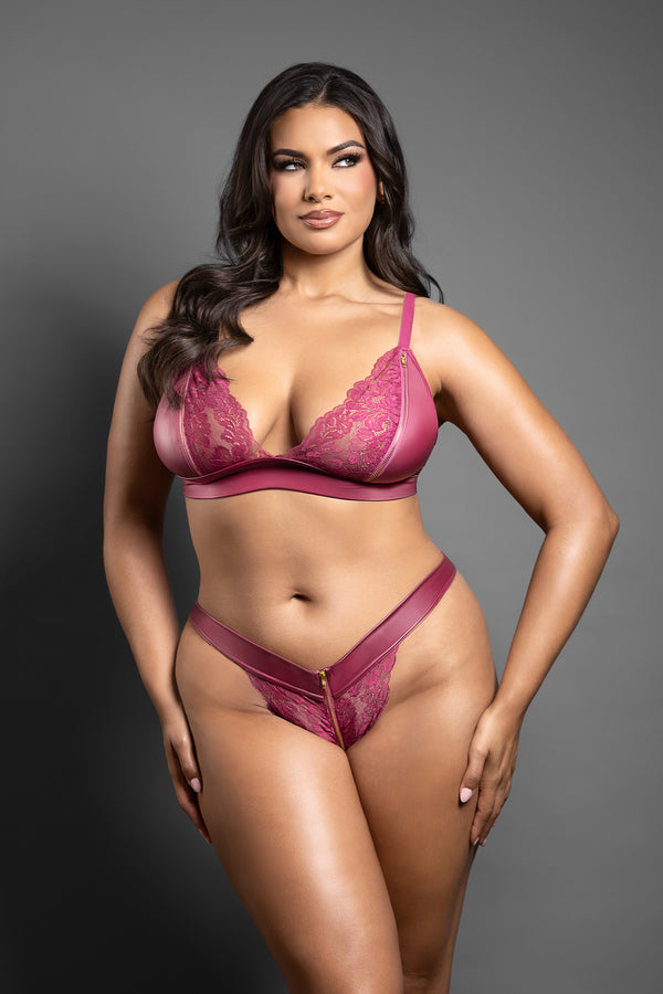 Berry lace and leatherette bralette set with zipper accents and daring V-cut panty for provocative style.