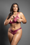 Berry lace and leatherette bralette set with zipper accents and daring V-cut panty for provocative style.