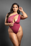 Berry one-shoulder sheer mesh teddy with bold diagonal gold zipper and sleek, asymmetrical cut.