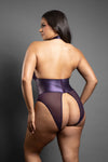 Deep purple sheer halter teddy with lace-up waist, open crotch, and matching satin blindfold for sultry intrigue