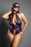 Deep purple sheer halter teddy with lace-up waist, open crotch, and matching satin blindfold for sultry intrigue