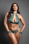 Emerald Temptation Lace Bralette & Crotchless Panty with Chains