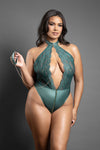 Emerald lace keyhole teddy with halter neckline, gold zipper, and detachable chain leash for bold, opulent seduction