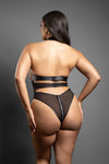 Black leatherette halter teddy with open-bust design, sheer mesh panels, bold zipper accents, and coordinating pasties for provocative confidence