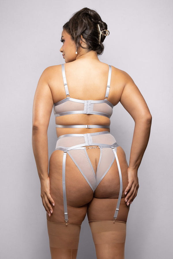 Silver embroidered bra set with rhinestone hardware, garter belt, and daring open back panty for a luminous, high-fashion lingerie look