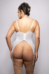 Aquamarine rhinestone mesh bustier lingerie set with pavŽ straps, garter attachments, and matching g-string.