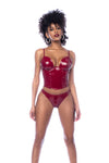 A bold two-piece vinyl lingerie set featuring a bustier with underwire, a functional zipper closure in the back, adjustable straps, and a matching thong.