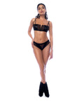 A two-piece lingerie set featuring a wet-look top with adjustable straps and matching panty with sheer mesh contrasts.