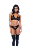 Front view of a two-piece lingerie set in sheer mesh and wet look fabric, featuring a semi-open cup design with double adjustable straps.