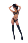 Front view of a two-piece lingerie set in sheer mesh and wet look fabric, featuring a semi-open cup design with double adjustable straps and matching thong.