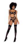 Front view of a three-piece lingerie set in transparent mesh with elastic details, featuring a top with underwire for support, adjustable straps, a garter belt, and a matching thong.