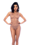 A two-piece lingerie set adorned with rose gold chains, featuring an adjustable top and matching thong.