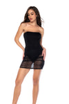 A classic little black dress featuring a strapless design in stretch mesh, a built-in bodysuit, back zipper closure, and removable straps.