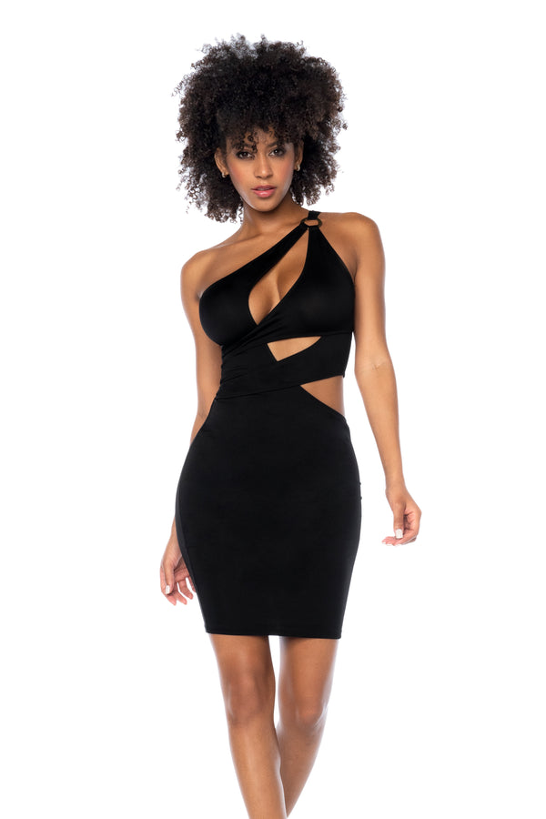 Front view of an asymmetrical dress with cut-outs and ring detail in stretchy fabric, featuring a bold design and flattering fit.