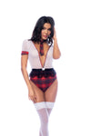 Front view of a sexy schoolgirl costume bodysuit in polka dot mesh with plaid print, featuring eyelash lace detail at the waist and a tie accessory for a playful look.