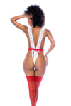 A sexy nurse costume featuring a provocative high-cut lace bodysuit, contrast belt, and Thong back.