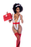 A sexy nurse costume featuring a provocative high-cut lace bodysuit, contrast belt, and matching headpiece for a daring and playful look.