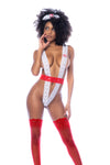 A sexy nurse costume featuring a provocative high-cut lace bodysuit, contrast belt, and matching headpiece for a daring and playful look.