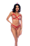 A sexy nurse costume featuring a top with underwire open cups, adjustable straps, a matching panty, and a headpiece for a daring and playful look.